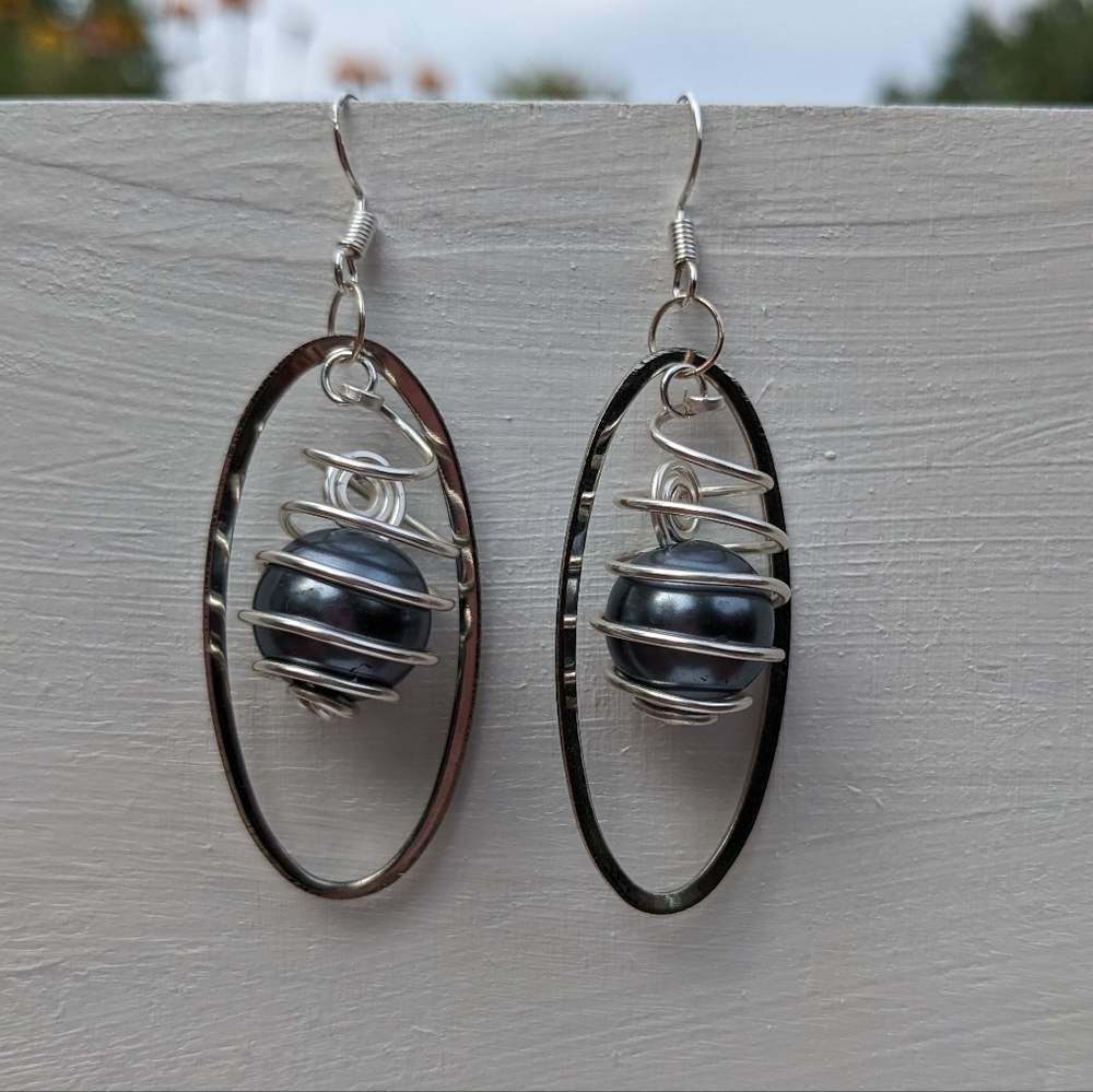 Silver Hoop Gunmetal Earrings Handmade Beads Spiral Hoops Drop Long Dangly Gray